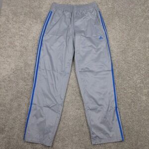Adidas Track Pants Mens Medium Gray Blue Striped Windbreaker Clima Proof Logo